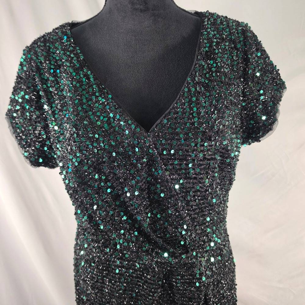 SLNY Womens Black Green Sequin V-Neck Faux Wrap Sheath Cocktail Dress Size 16